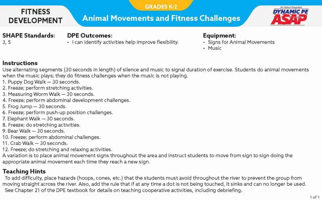 DynamicPE ASAP K 2 Fitness Animal Movements and Fitness Challenges