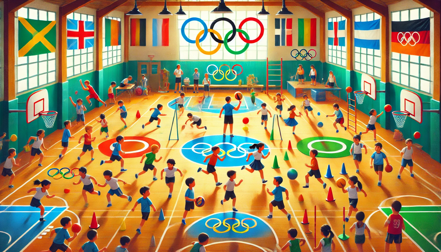 DALL·E 2024 06 26 14.01.35 A vibrant scene of a school gymnasium filled with children participating in various Olympic sports. Kids are seen running jumping and throwing with