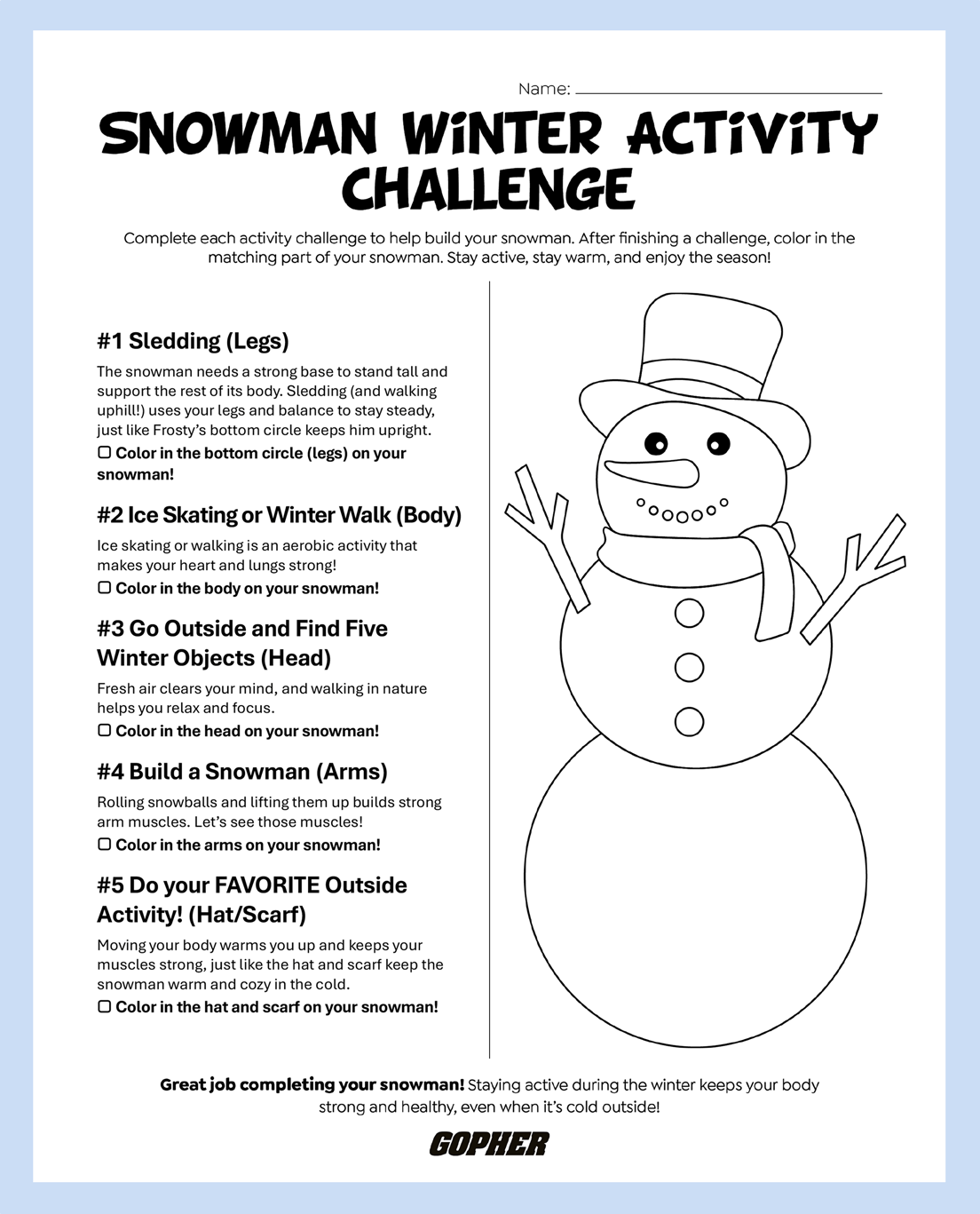 Gopher Physical Education Blog (PE Blog) 3 SnowmanChallenge lightblue